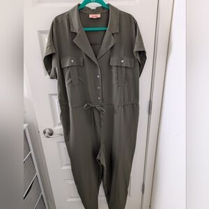 EVRI Utility Jumpsuit Olive Button-Front Drawstring Waist Plus Size 1X
